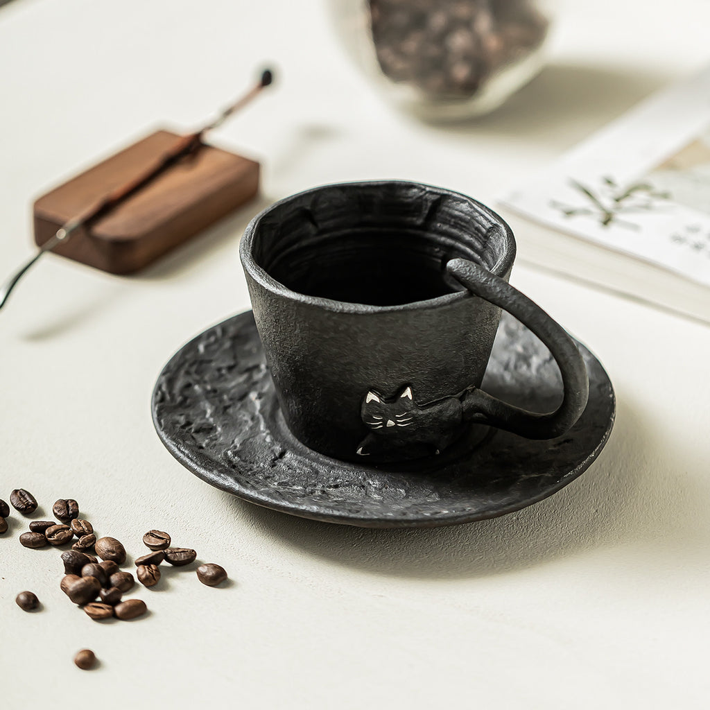Creative lucky cat coffee mug with saucer, latte art mug, water cup, ceramic cup