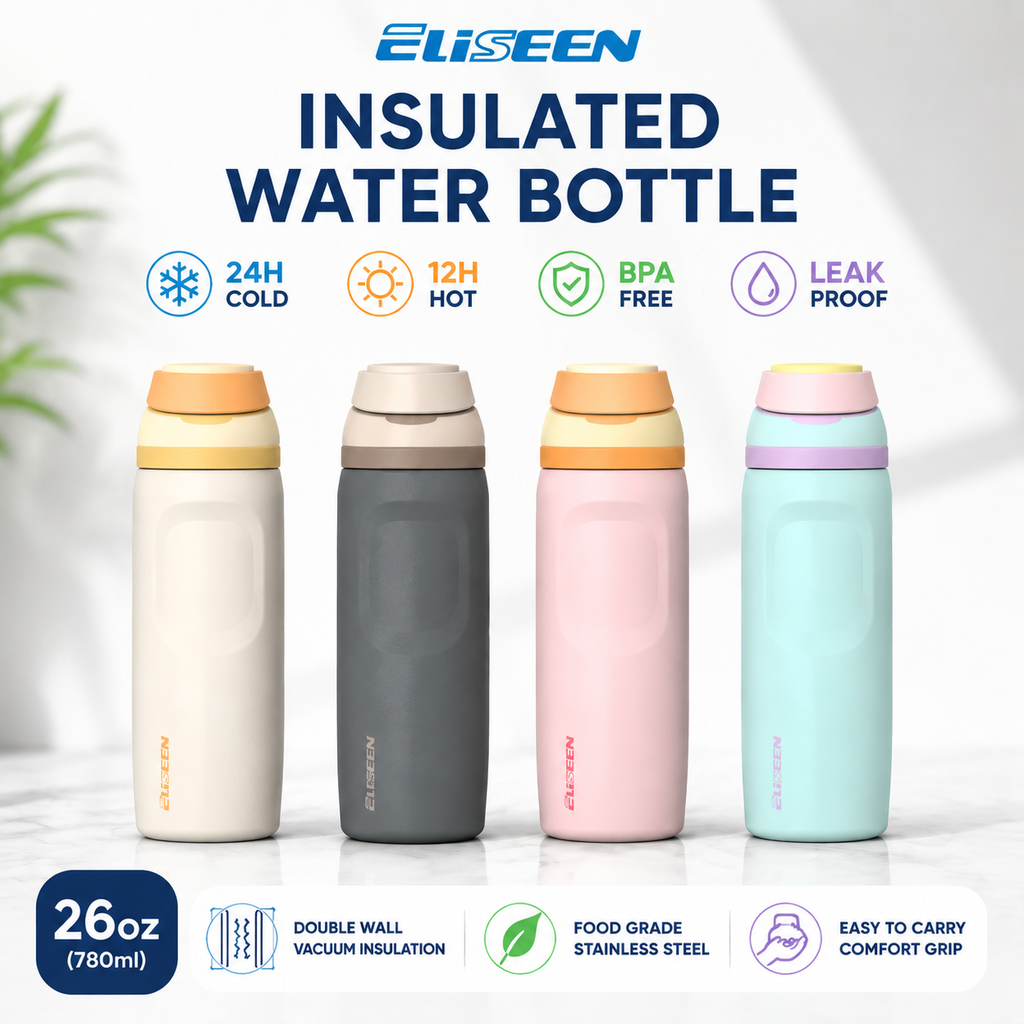 【Eliseen】26oz Insulated Water Bottle with Dual-Sip Lid – 304 Stainless Steel, Dishwasher Safe, with Handle