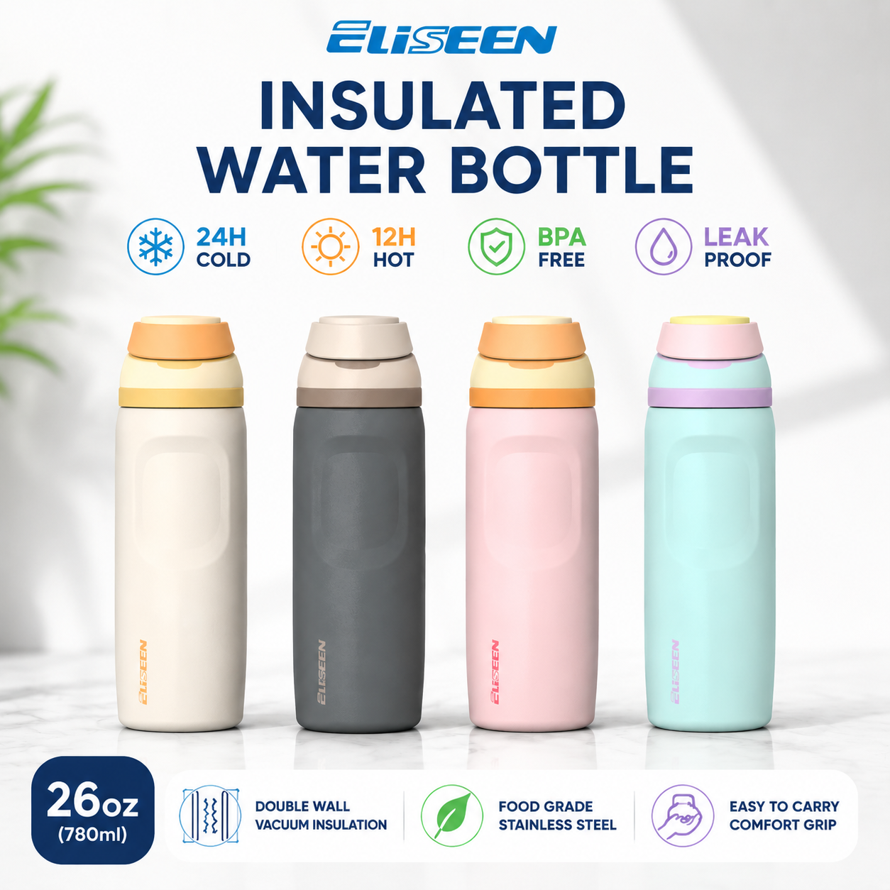 【Eliseen】26oz Insulated Water Bottle with Dual-Sip Lid – 304 Stainless Steel, Dishwasher Safe, with Handle